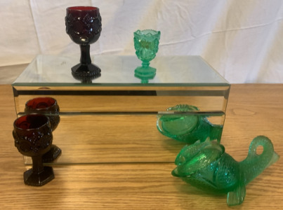 Mirror Box, 2 Small Vintage Avon Goblets, Vintage Small John E. Kemele Goblet, Vintage Fish Candydish (Fin Broken Pieces Inside)