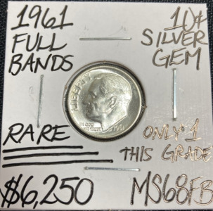 1961 MS68FB RARE Full Bands Gem Silver Roosevelt Dime - Only One This Grade