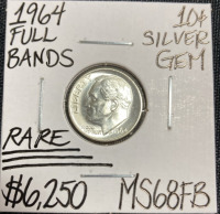 1964 MS68FB RARE Full Bands Gem Silver Roosevelt Dime