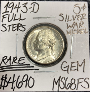 1943-D MS68FS RARE Full Steps Gem Silver Jefferson Nickel