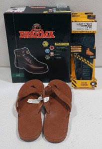 (1) Pair Of Size 12 Brahma Men's Steal Toe Boots (1) Size 12-13 Brand New Men's Old Navy Sandles & (2) Comfort Insoles Brand New