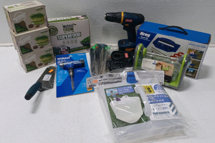 (1) Ryobi 9.6v Drill Driver w/ Charger (1) Kobalt 12-In-1 Durl Size Combination Hex Key Set (1) Kreg Deck Jig (3) Garden Growing Kit (1) Superfood Kit & More!