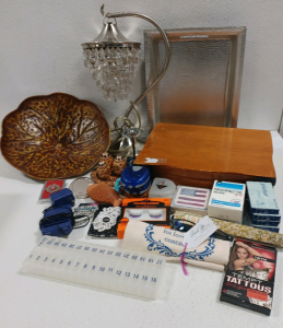 (1) Decorative Metal Bowl (1) Vintage Lamp (1) Silver Tray (1) Flatware Set Holder (4) American Flag Coasters (1) Pelican Video Game Charging Dock & More