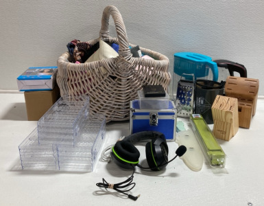 Large Wicker Basket, Assorted Clothing Accessories, Water Filter, (2) Knife Blocks, (3) Jewelry Holders and more