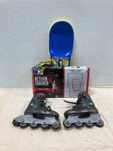 (1) Throw & Field Return Trainer (1) Shred Snow Skate (1 Pair) Hydra Rollerblades