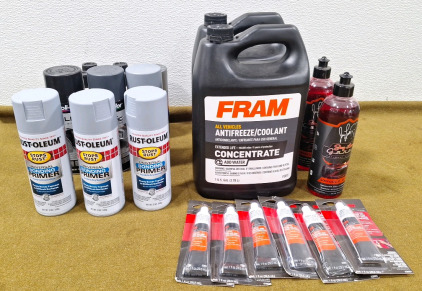 (2) Gallons Fram All Vehicle Antifreeze Concentrate, (3) Cans Rust-Oleum Universal Bonding Primer & More