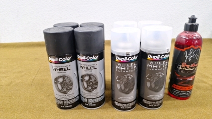 (4) Cans Dupli-Color High Performance Wheel Coating HWP 104 Satin Black & (4) Cans Dupli-Color Wheel Matte Clearcoat