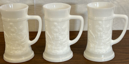(3) Vintage Fenton Milk Glass Mug Steins w/ Intricate Details