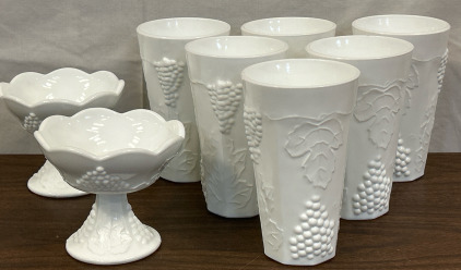 Vintage Opaque White Glass Tumblers (6) & Candlestick Holders (2) w/ Grapevine Design