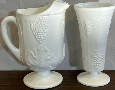 Vintage Milk Glass Large Pitcher & Vase w/ Grapes & Leaves Design