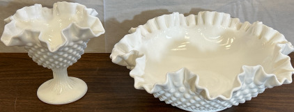 Vintage Fenton White Hobnail Decor Bowl & Pedestal Dish