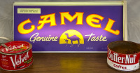 Vintage Camel Tobacco Light Up Sign, Velvet Pipe & Cigarette Tobacco Can & Butter-Nut Coffee Can