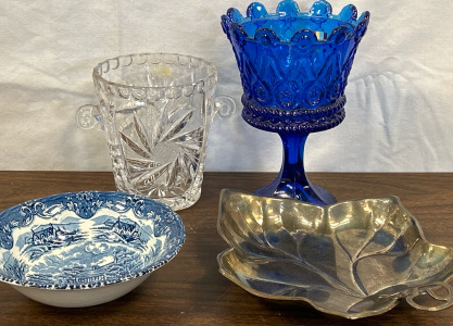 Vintage Fostoria Cobalt Blue “Crown” Pedestal Dish (No Lid), Small Crystal Ice Bucket, Grindley English Country Inns Blue & White Bowl & Metal Leaf Tray