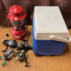 Vintage Coleman Lantern, Coleman Cooler, Fishing Reels