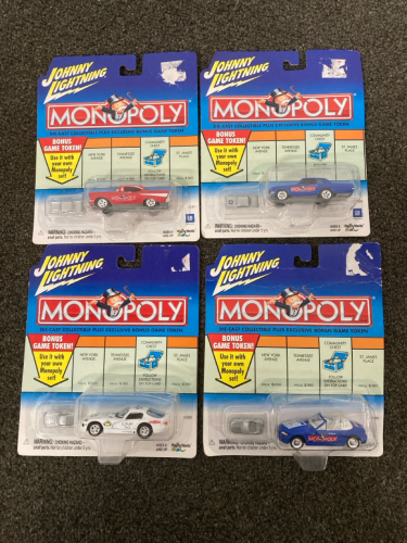 (4) Johnny Lightning Monopoly Die-Casr Collectible Cars With Bonus Game Tokens, Factory Packaging