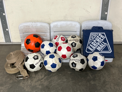 (3) Stadium Seats, (1) Pad, Pair Of Small Rolls Of Nylon Straps, And (9) Soccer Balls