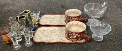 4 Piece Soup And Sandwich platter (1) Gravy Dish (1) Glass Heavy footed cup And Assorted Shot Glasses