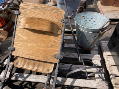 Pallet of Antique Desk and (2) Vibtane Washing Buckets, Metal Hat Rack