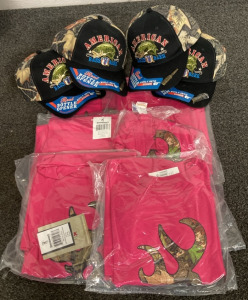 6 L,Xl, & Xxl Pink Browning Shirts, (4) American Bass & Beer Hats W/ Built In Bottle Opener