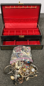Black Jewelry Box With Red Velvet-Like Lining And Bag Full of Assorted Costume Jewelry