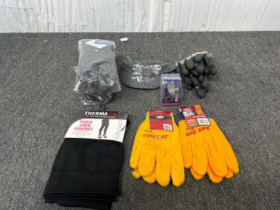 (1) Hat (2) Polar Extreme Winter Gloves (2) Pair Of Work Gloves (1) Fleece Lined Leggings (1) Pair Of Grip Gloves