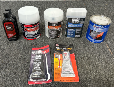 (2)3M 3900 RUBBING COMPOUND 8 oz REMOVES LIGHT TO MEDIUM SCRATCHES & WATER SPOTS (1)Bondo 3M Professional Fast Dry Filler (Quart) (1)Evercoat Body Shop Pro-Grade Primer Surfacer (1) Evercoat Bidy Shop Pro-Grade Fiberglass Resin (1) Dupli-Color TRQ254 Blac