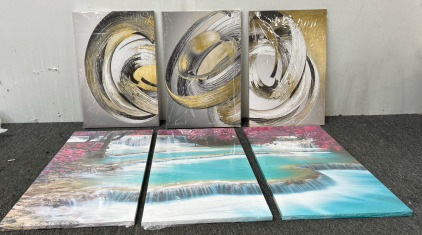 (1)Black and Gold Abstract Canvas Wall Art Framed 3 Pieces Modern Print Painting Stroke Artwork (1)Waterfall Wall Art Decor Turquoise Water of Kuang Si Waterfall and Tropical Trees Canvas Pictures Artwork 3 Panel Nuture Landscape Painting Prints for Home 