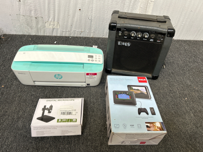 (1) HP Desk Jet 3755 (1) RMS Guitar Amplifier (1) Digital Microscope (1) RCA Mobile DVD System