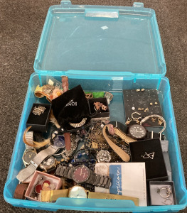 Box Full of Assorted Jewelry, Watches, Pins, And More!