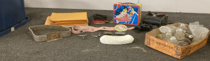 Belts, Buckles, Spurs, Purse, Glass, Binoculars With Case, Manila Envelopes, Lunchbox, Toy Cars