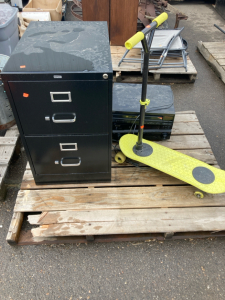 Pallet lot- Filing Cabinet, Sony/Pioneer Stereo Receivers, Morf Board Scooter