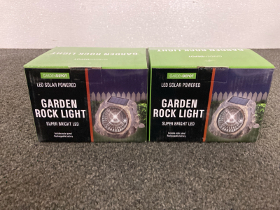 (2) Garden Depot LED Solar Powered Garden Rock Lights, New In Box