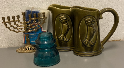 Vintage Hemingray-42 Glass Electrical Insulator, (2) Vintage Old Crow Bourbon Pitchers, And Hanukkah Menorah With Candles
