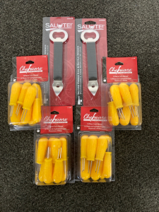 (2) Salute Pierce Can And Bottle Openers, (4) Packs Of 10 Piece Corn Skewers, All New In Package