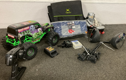 Console Bag, Red Sox Cooler, RC Car With Remote And Charging Accessories, Sports Timer, Fishing Reel, Mirrors, Roller Skates