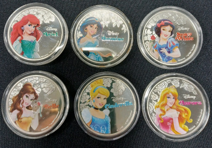 (6) Disney Princess Collectible Silver Plated Coins