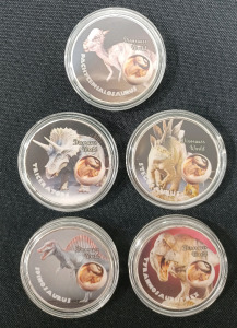 (5) Jurassic Time Dinosaur Collector Rounds Silver Plated