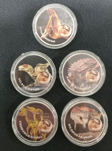 (5) Jurassic Time Dinosaur Silver Plated Collector Rounds