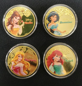 (4) Disney Princess Gold Plated Collectable Coins