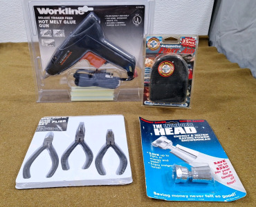 (1) Workline Deluxe Trigger Feed Hot Glue Gun, (1) Workline 3Piece Mini Plier Set, (1) Incredible Shower Head & (1) Automotive/Personal First Aid Kit