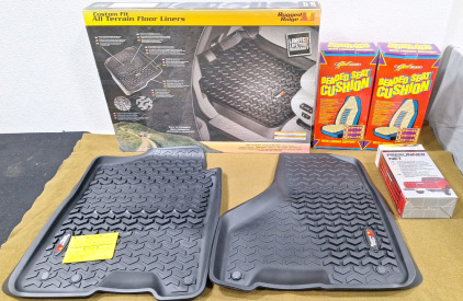 (1) Pair Rugged Ridge Front Floor Mats, (2) Street Gear Beaded Seat Cushion & Prerunner Tailgate Net