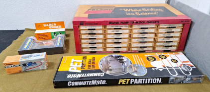 (1) CommuteMate Pet/Cargo Partition, (1) Wilmar Foot Pump, (1) Fel-Pro Gasket Box W/O Gaskets & More