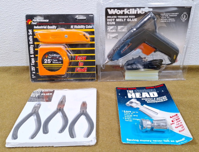 (1) Performance Tool, 1" x 25' Tape Measure & Utility Knife Set, (1) Workline Deluxe Trigger Feed Hot Glue Gun, (1) Workline 3Piece Mini Plier Set, (1) Incredible Shower Head