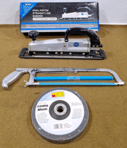 (1) Mechanics Dual Piston Straight Line Sander, Model M574DB, (1) Hacksaw W/(12) Blades, (1) Buffalo Tools 3 Piece Grinding Wheel Set, 7" x1/4"