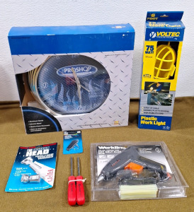 (1) Voltec Worklight, (1) Workline Deluxe Trigger Feed Hot Glue Gun, (1) ProShop Wall Clock & More