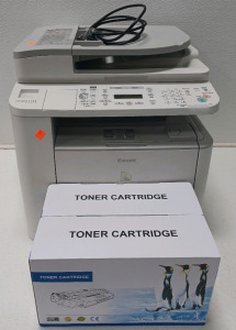 (1) Cannon MFC D1120 Printer Powers On (2) Printer Toner Cartridges