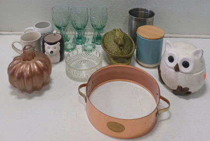 (1) Owl Spice Jar (3) Orchard Fruit Green Goblets (2) Kitchen Glasses (3) Coffee Cups (1) Green Bunny Rabit Covered Majolica Tureen Casserole w/Handles & More