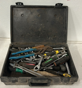 Black Plastic Toolcase With Tools Such As Wrenches, Screwdrivers, Sockets And More