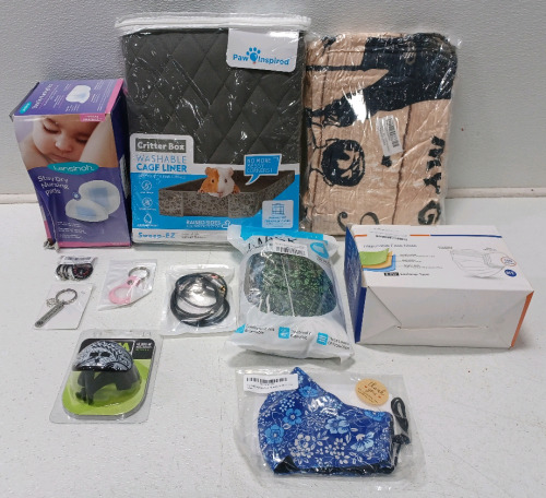 (1) Washable Velvet Fleece Cage Liner (1) Dad Throw Blanket (1) Box Of Nursing Pads (1) Anit-Lost Device Cover (1) 2-In-1 RCA Audio Aux Cord Disposable Masks & More