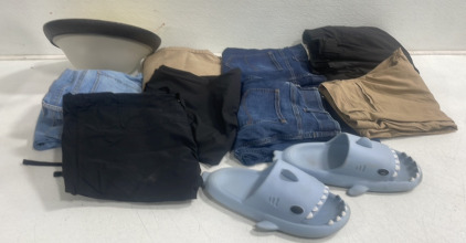 (7) Pairs of 34-30 Pants (1) Large Gerry Snow Pants (1) Pair of Size (44) Shark Slides